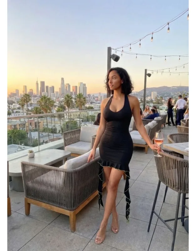 Solid Deep V Neck Mini Dress With Ruffle