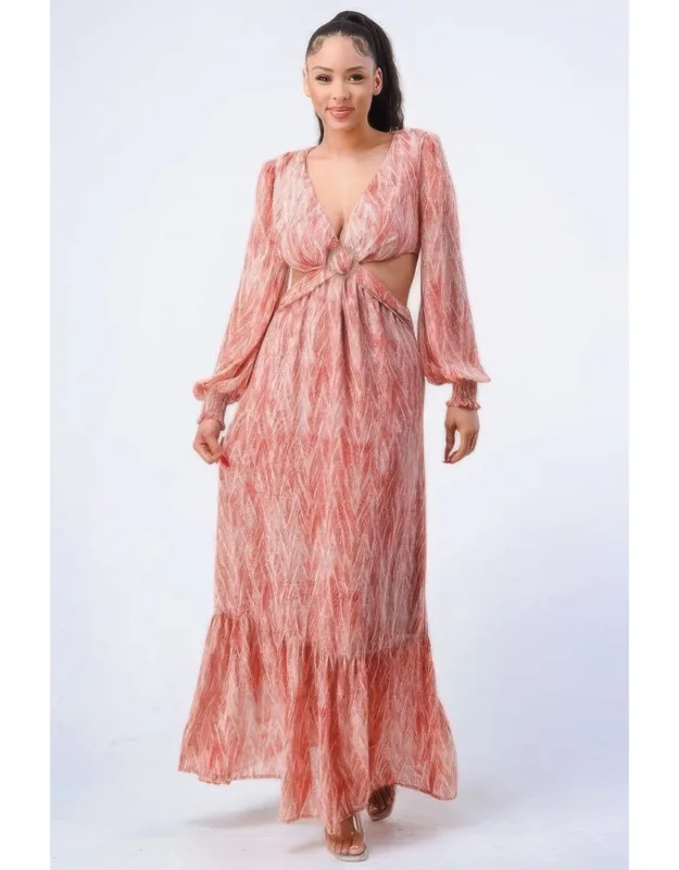 Printed V Neck Self Belted Side Cut Out Ruffled Maxi Dress