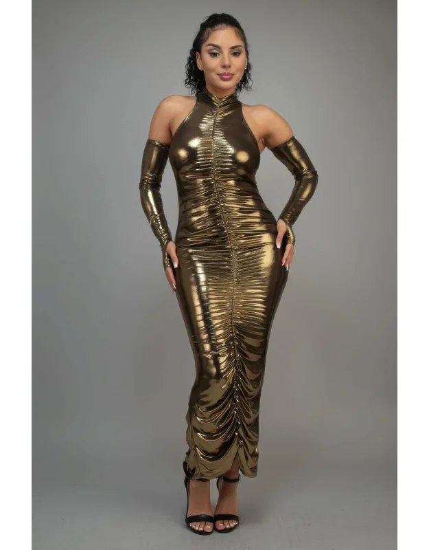 Metallic Ruched Dress With Sleeves