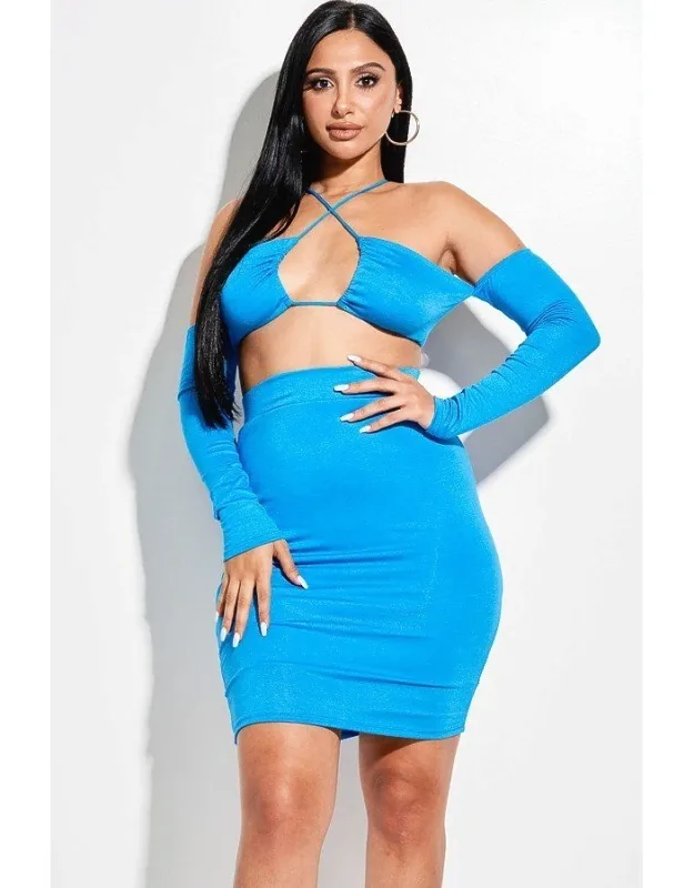 Solid Rayon Spandex Spaghetti Strap Halter Neck Off The Shoulder Top And Skirt 2 Piece Set