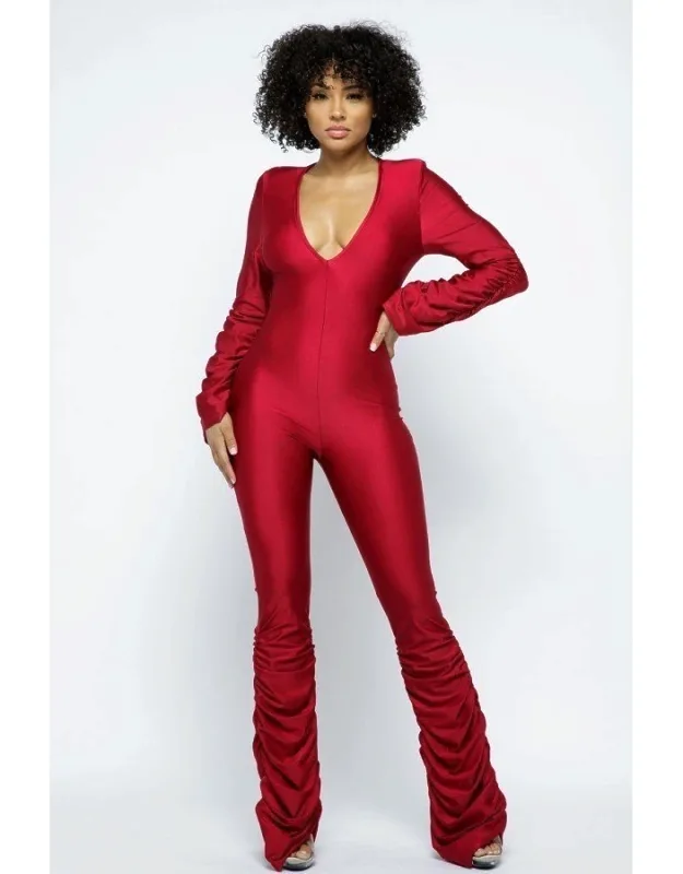Yoga Shoulder Padded Ruched Stacked Jumpsuit