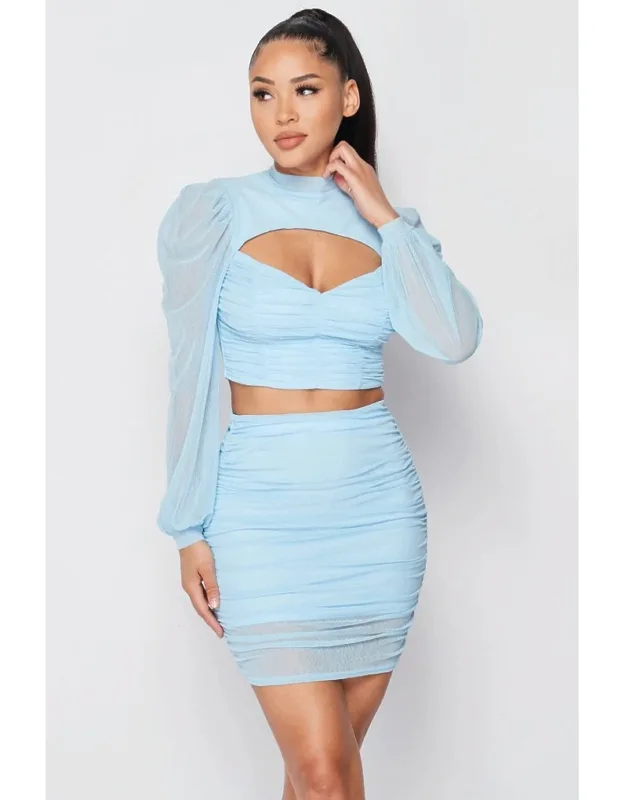 Sheer Cutout Puff Sleeved Top And Skirt Set