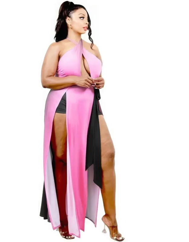 Solid Cutout Halter Neck Waist Tie Maxi Dress