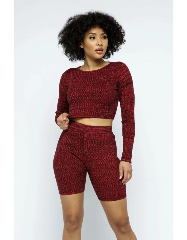 Knit Long Sleeve Cropped Top And High-waist Biker Shorts Set