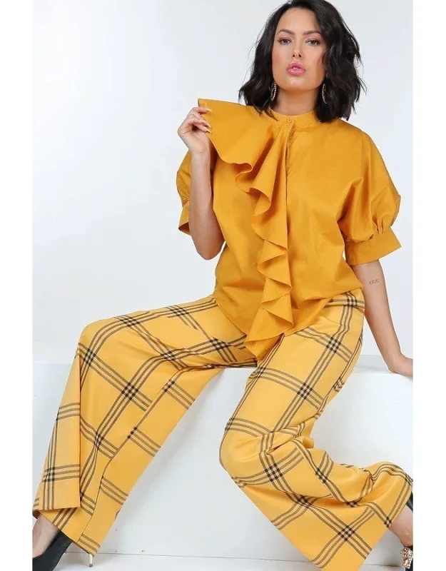 High Waist Plaid Print Wide Leg Pants