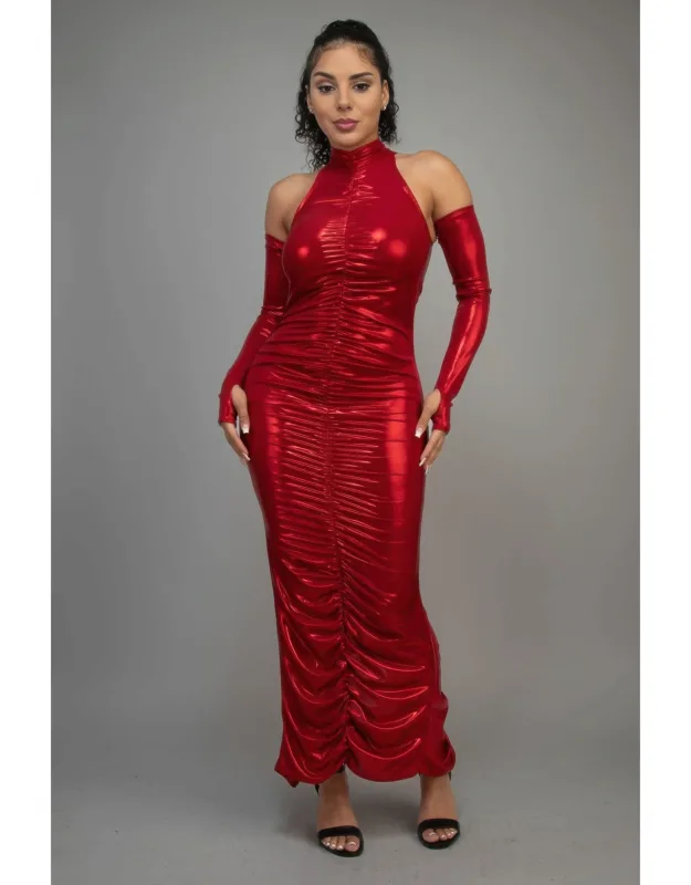 Metallic Ruched Dress With Sleeves