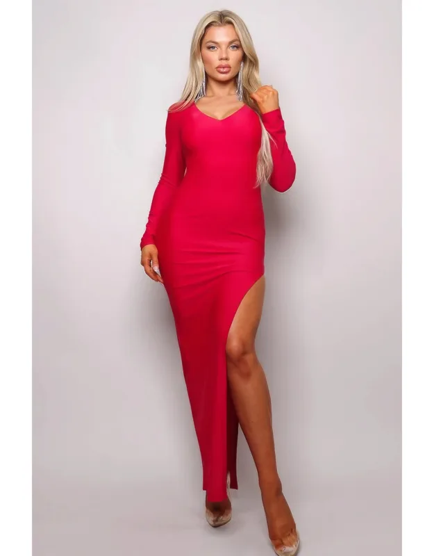 Long Sleeve V Neck Open Back Maxi Dress