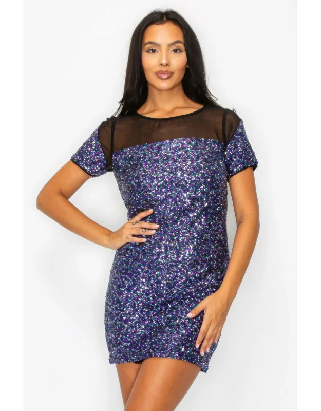 Sparkle Sequins & Mesh Cap Sleeve Mini Dress