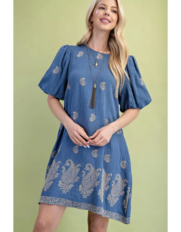 Paisley Embroidered Round Neck Mini Dress