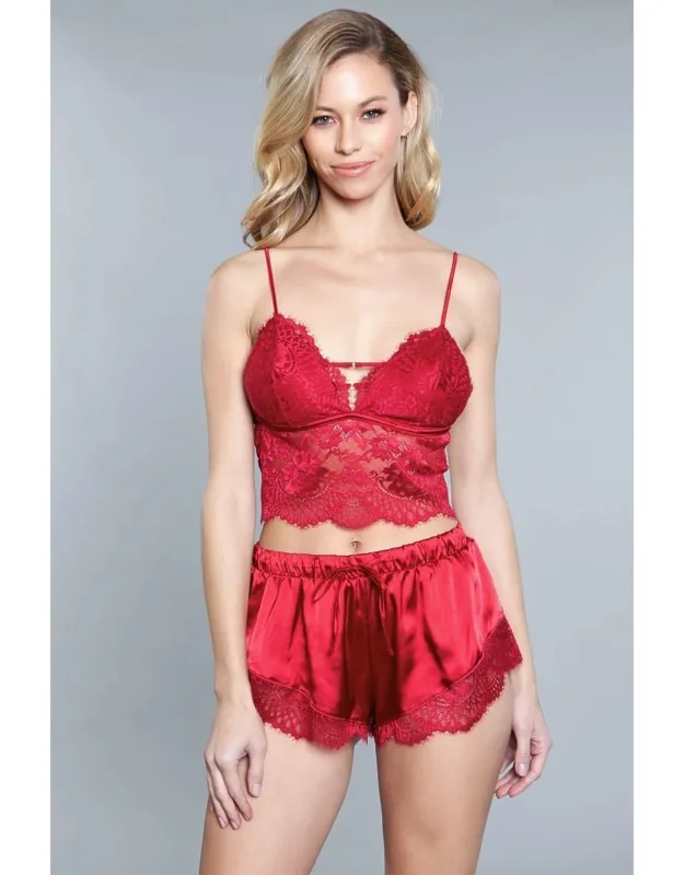 2 Piece Lace Detail Croptop With Adjustable Straps And Satin Inseam Lace Shorts