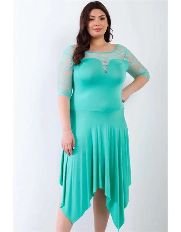 Mint Lace Details Handkerchief Hem Midi Dress