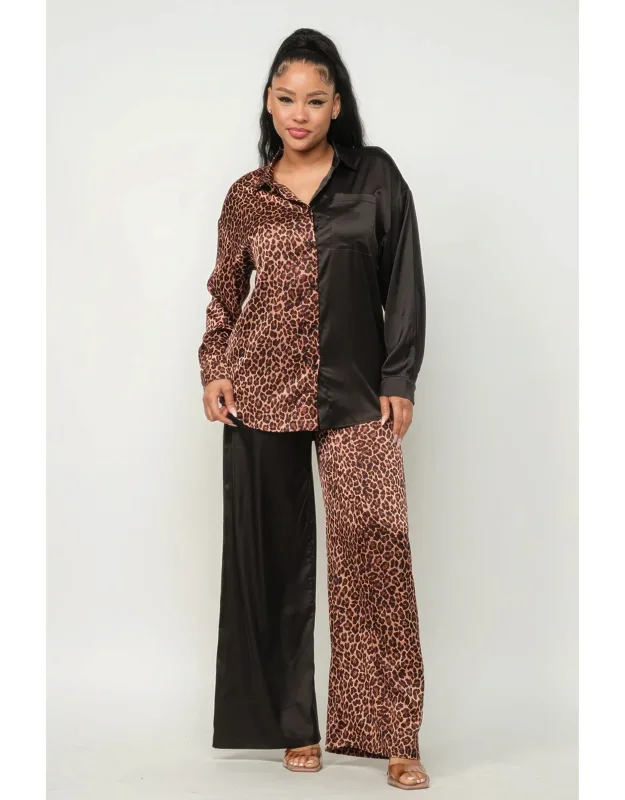 Half Animal Print And Half Solid Top And Pants Set