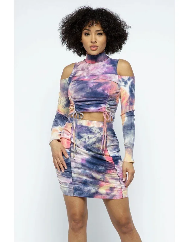 Tie Dye Open Shoulder Long Sleeve Top And Matching Skirt With Ruching Details