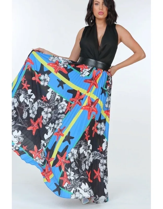 Pleated Print Maxi Skirt