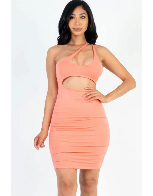 One Shoulder Cut-out Front Ruched Bodycon Mini Dress