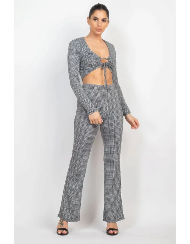 Plaid Cut-out Long Sleeve Top & Pants Set