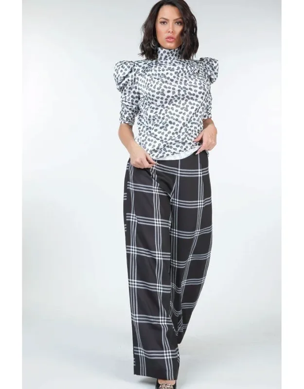 High Waist Plaid Print Wide Leg Pants