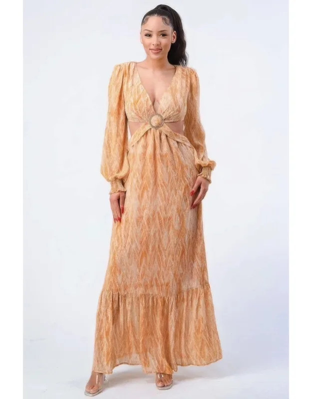 Printed V Neck Self Belted Side Cut Out Ruffled Maxi Dress