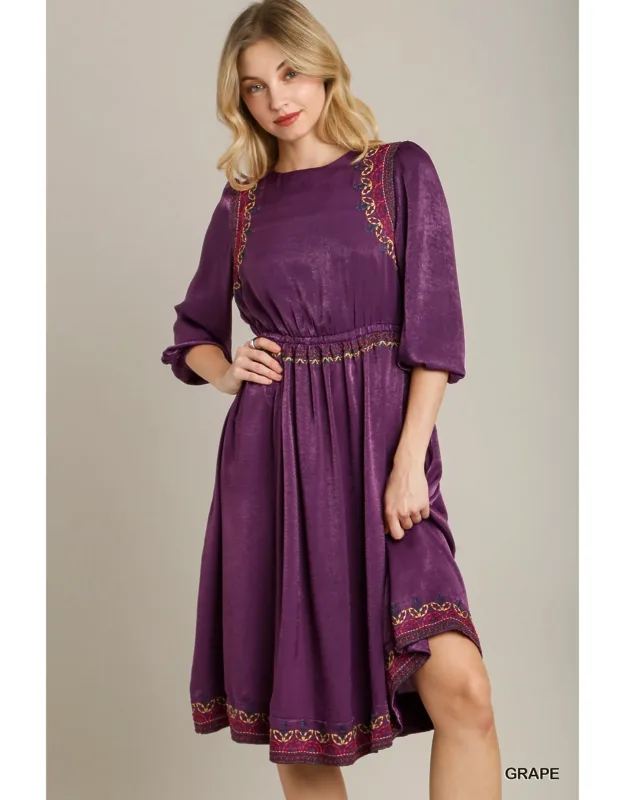 Satin Round Neck Embroidery Midi Dress