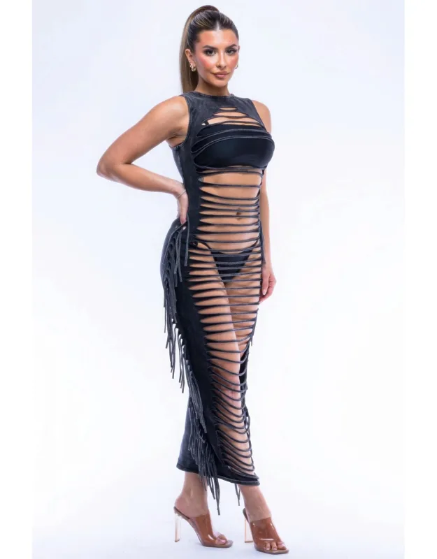Fringe Cut Out Maxi Dress