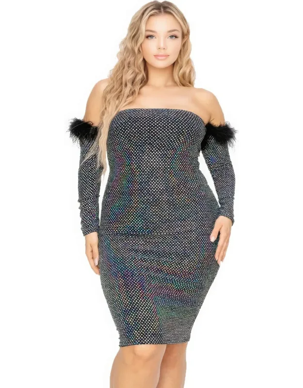 Off Shoulder Feather Trim Detail Sequin Dress