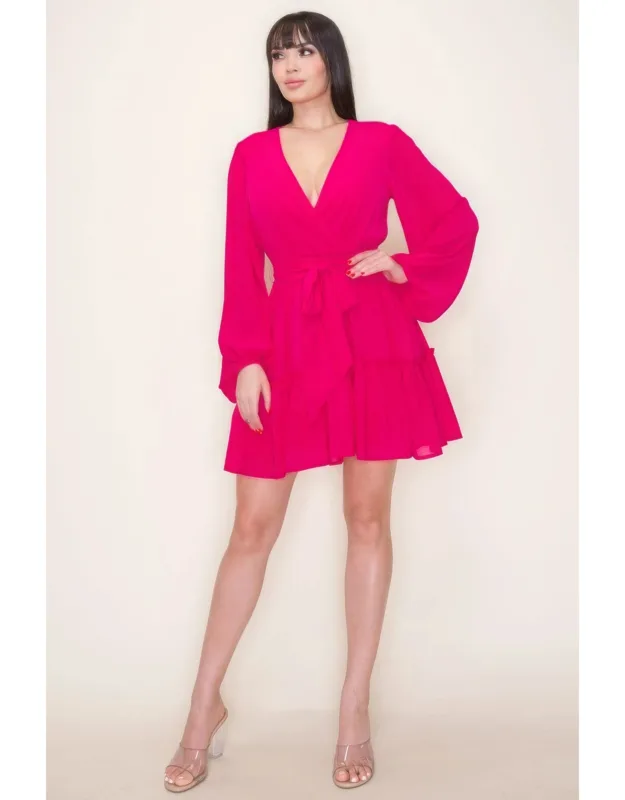 Chiffon Long Sleeve Ruffled Tie Waist Skater Dress