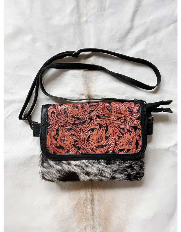 Cowhide Purse With Leather Tooled Flap Crossbody