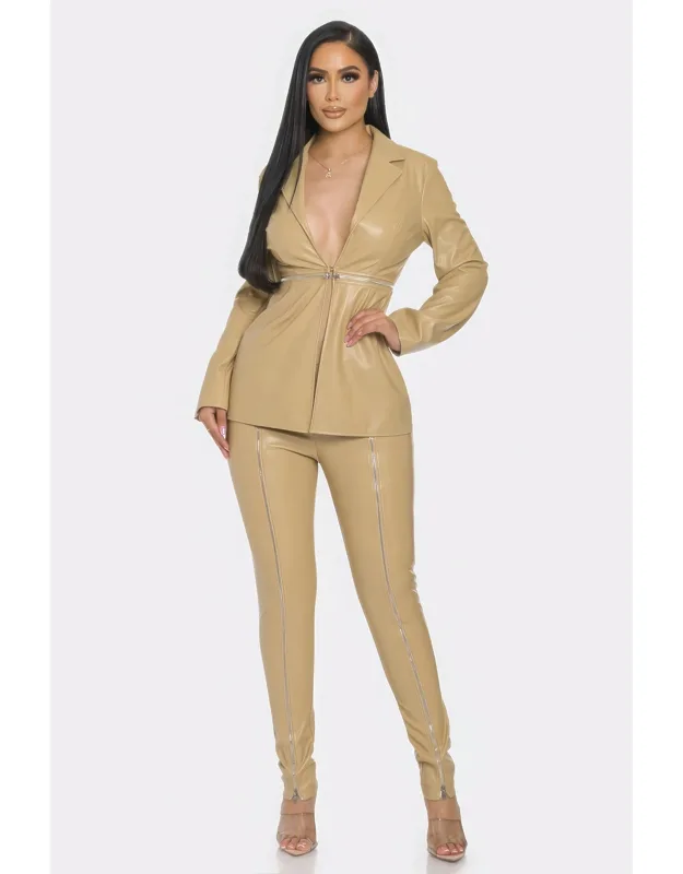 Leather Zipper Pant Set