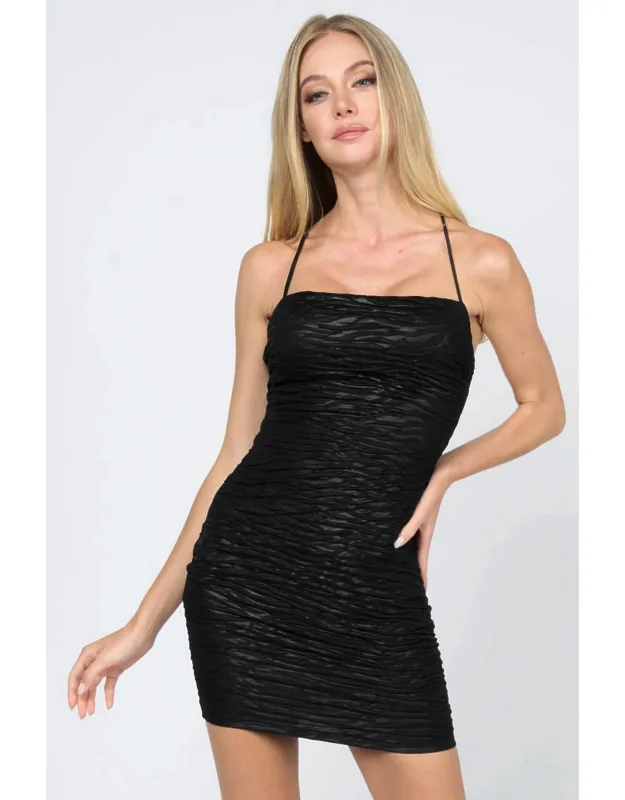 Textured Coating Knit Sleeveless Drawstring Lace Back Bodycon Mini Dress