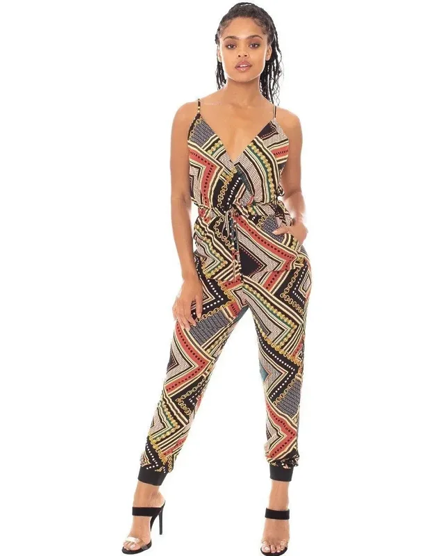 Boarder Print Wrap Drawstring Waist Jumpsuit