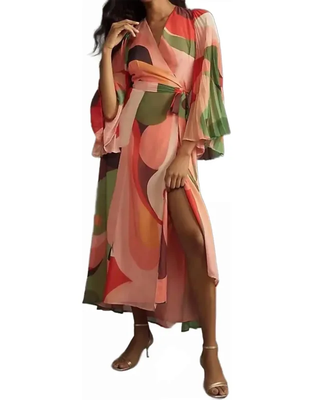 Three-quarter Sleeve Wrap Midi Dress