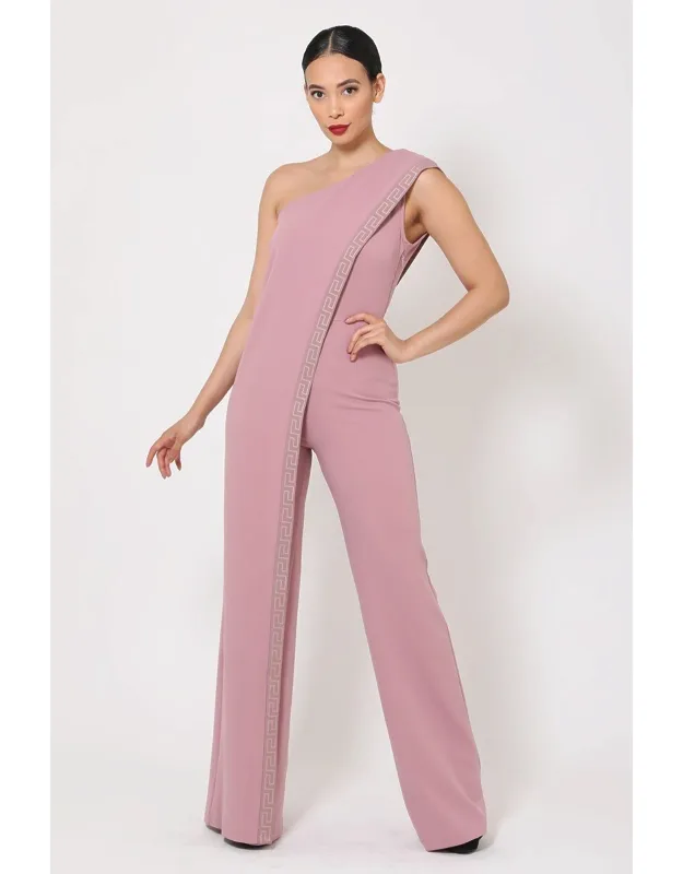 One Shoulder Greek Border Pattern Jumpsuit