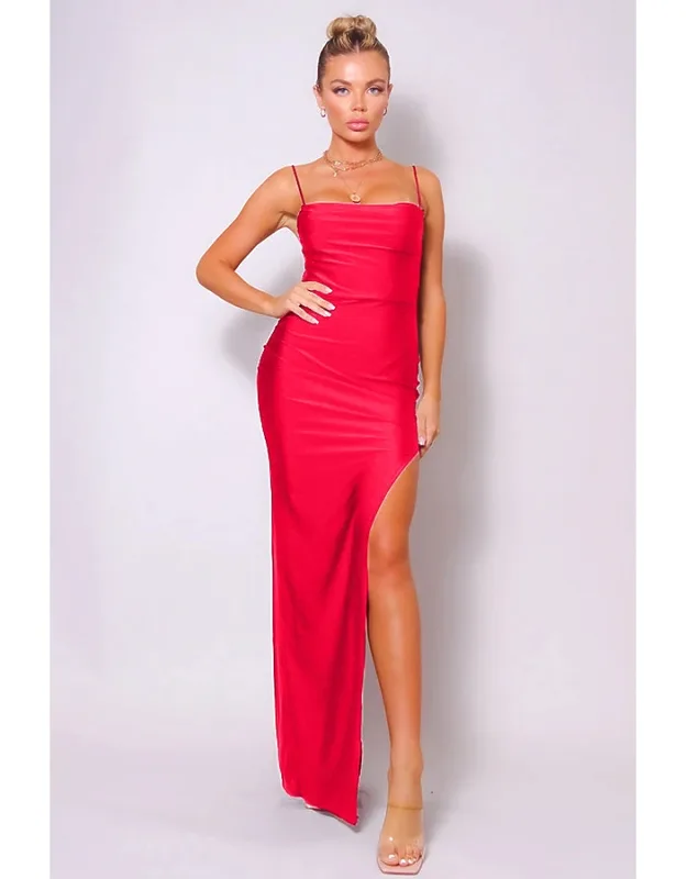Pleated Bust Front Slit Maxi Dress