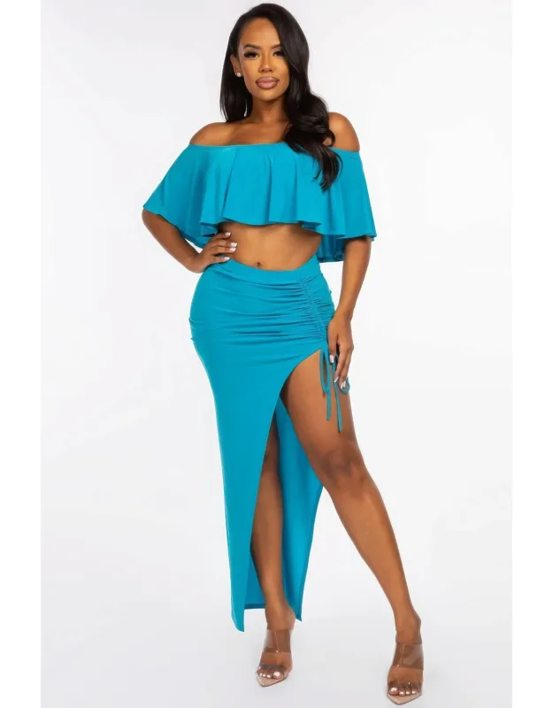 Off The Shoulder Ruffled Cropped Top And Ruched Maxi Skirt Two Piece Set