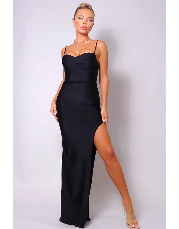 Pleated Bust Front Slit Maxi Dress