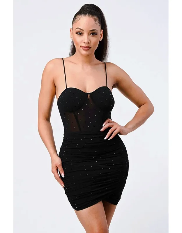 Luxe Glitter Front Mesh Ribbed Cami Mini Dress