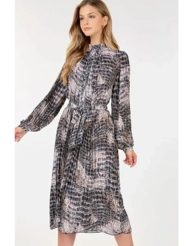 Pleated Snake Skin Print Midi Dress