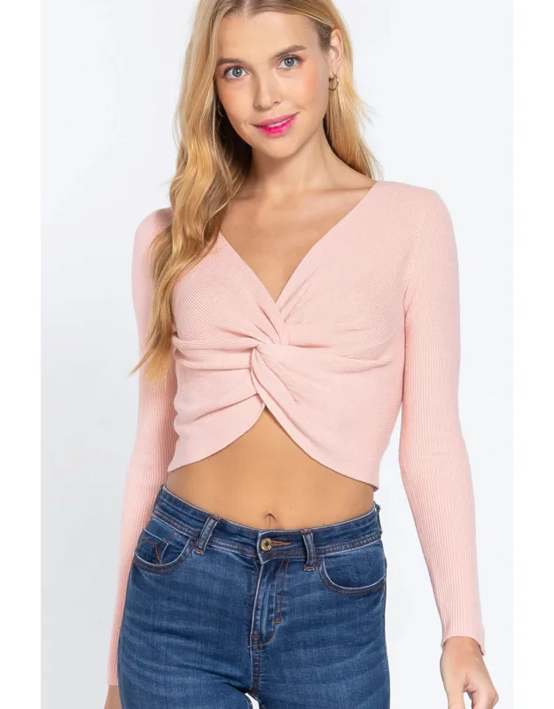 V-neck Front Knotted Crop Sweater
