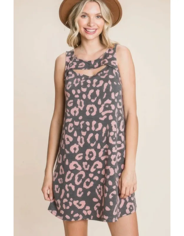 Cute Animal Print Cut Out Neckline Sleeveless Tunic Dress