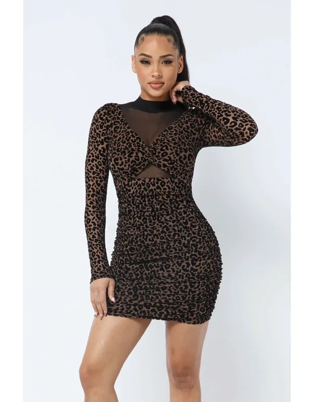 Animal Print Long Sleeve Mock Neck Mini Dress