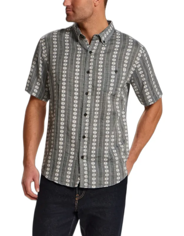 Vintage Traditional Fit Embroidered Flower Striped Short Sleeve Shirt