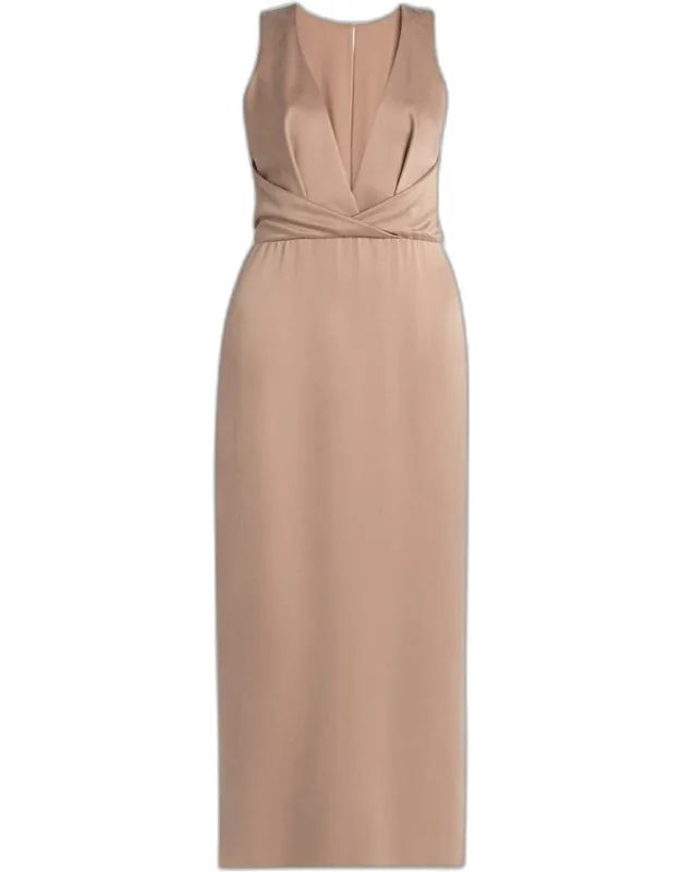 Crossover Back Slit Silk Dress
