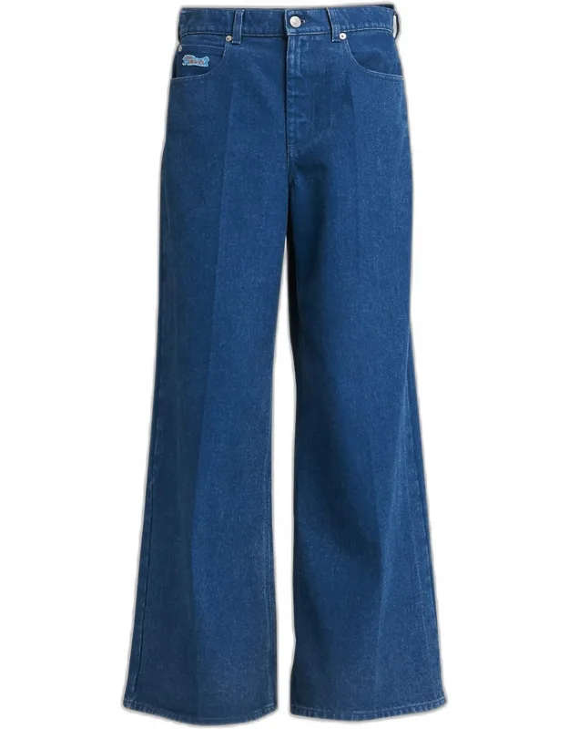 Logo-embroidered Five-pocket Wide-leg Denim Jeans