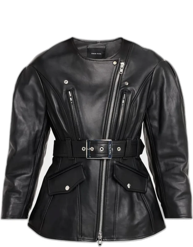 Sculpted Belt Leather Moto Jacket