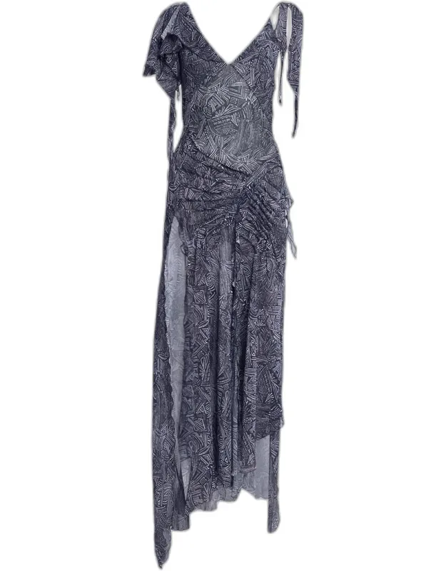 Abstract Silk Ruched Slit Maxi Dress