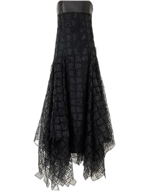 Strapless Trapezoid Embroidered Organza Fringe Maxi Dress