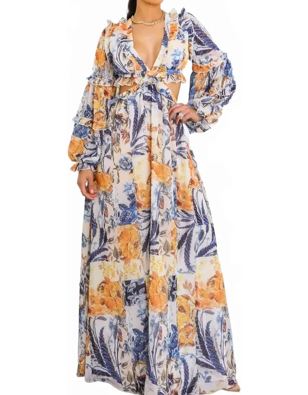 Boho Floral Cutout Lace-up Maxi Dress