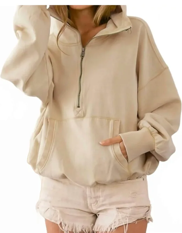 Stitch Detailed Elastic Hem Half Zip Hoodie