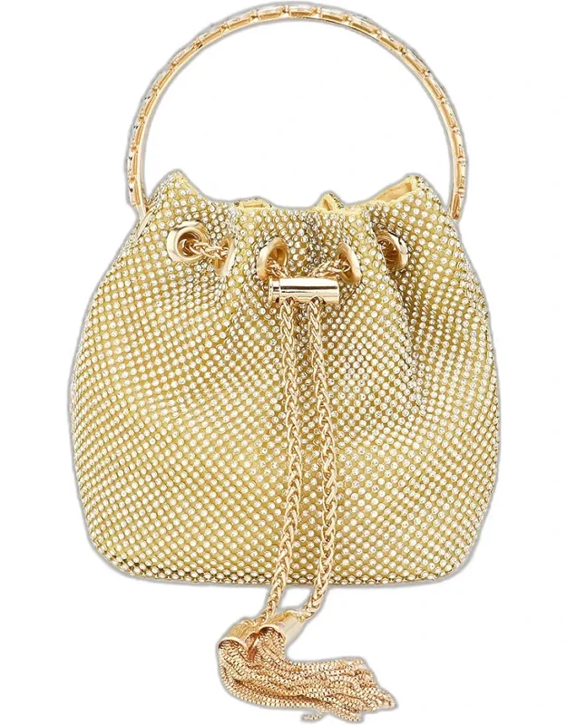 Bling Rhinestone Mesh Metal Drawstring Bucket Bag / Crossbody Bag