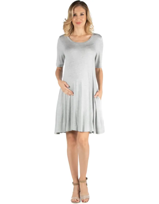 Round Neck Elbow Sleeve Flared T Shirt Pocket Dress With Soft Stretch Fabric And Flattering Silhouette